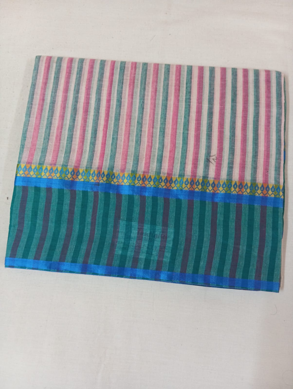 Pink & Ferozi Striped Cotton Handloom Saree with Elegant Ferozi Border