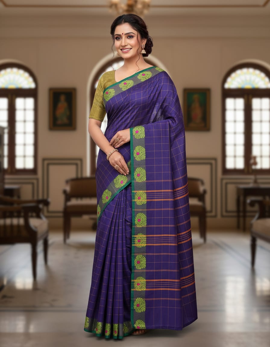 Violet Medium Check Saree with Green & Golden Fancy Border (With Blouse Piece)