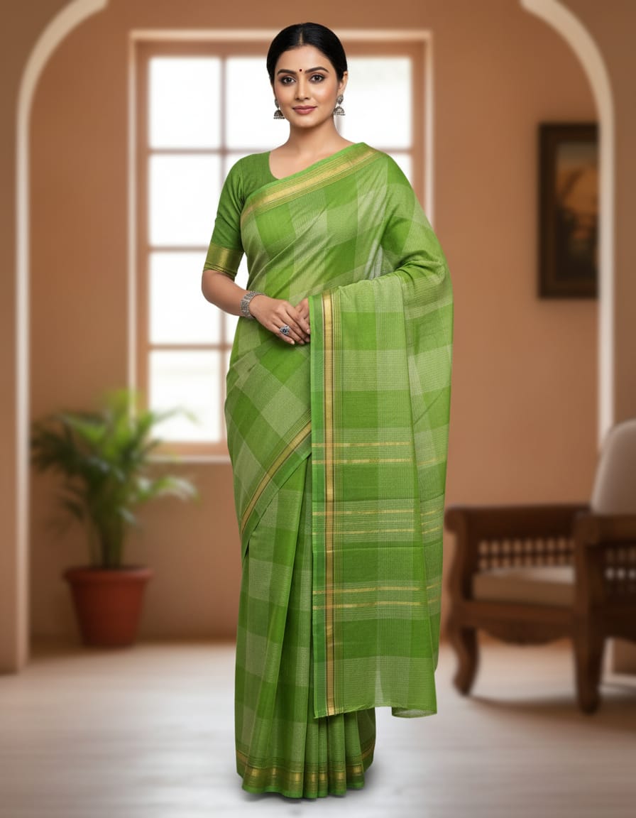 Double Color Parrot Green & Light Green Big Check Saree with Parrot Green Border