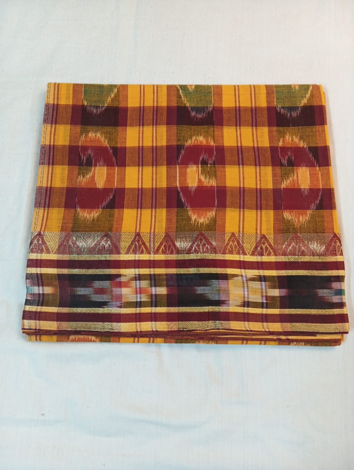 Yellow Kotki Saree with Maroon Stripe & Temple Border