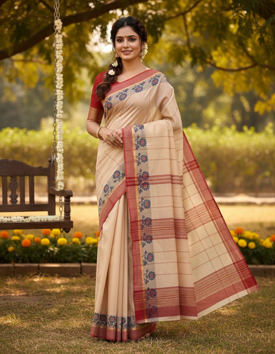 Plain Light Biscuity Saree with Maroon & Black Fancy Border (With Blouse Piece)