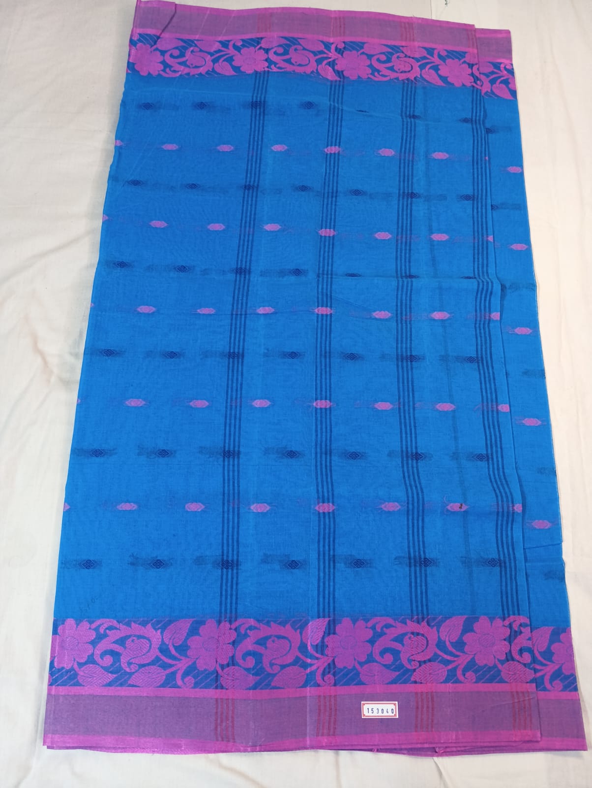 Ferozi Handloom Saree with Pink Border and Woven Buti