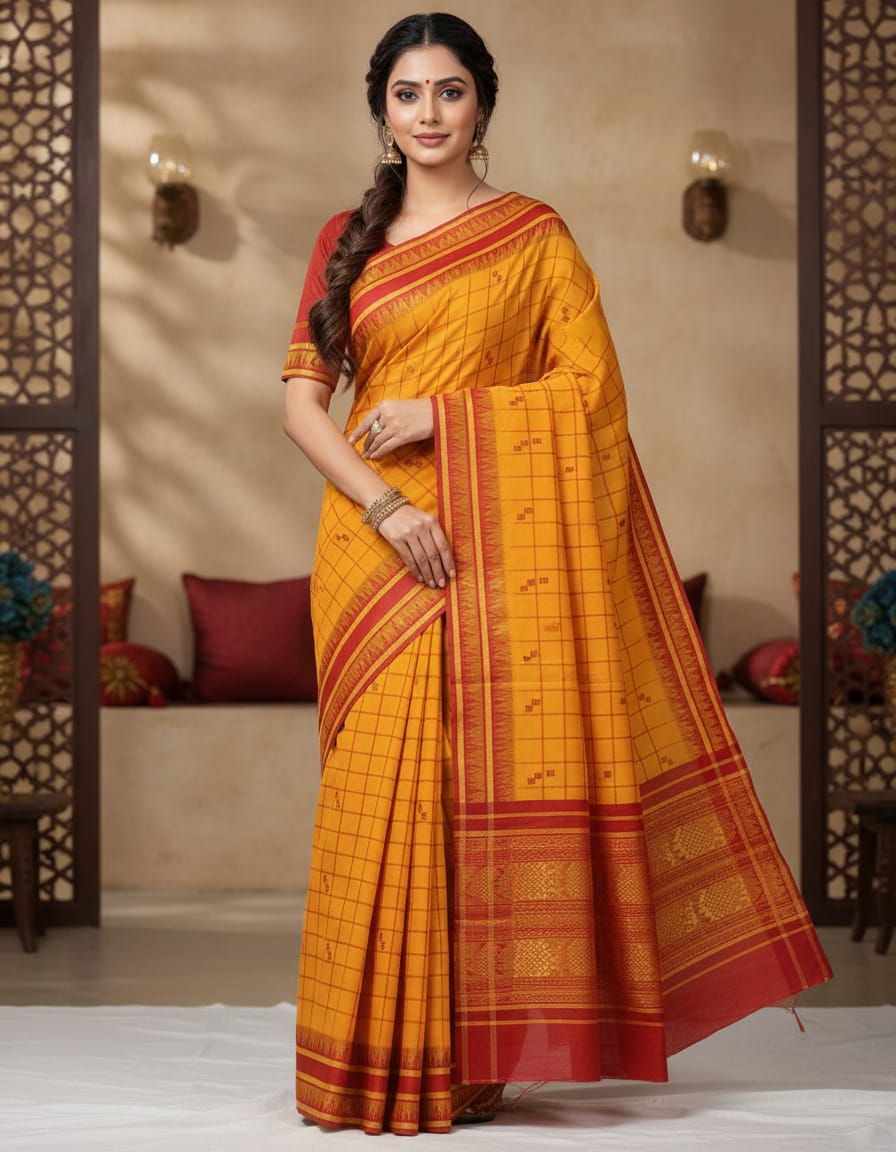 Yellow Half Checked & Half Plain Handloom Saree with Red Buti and Red Border