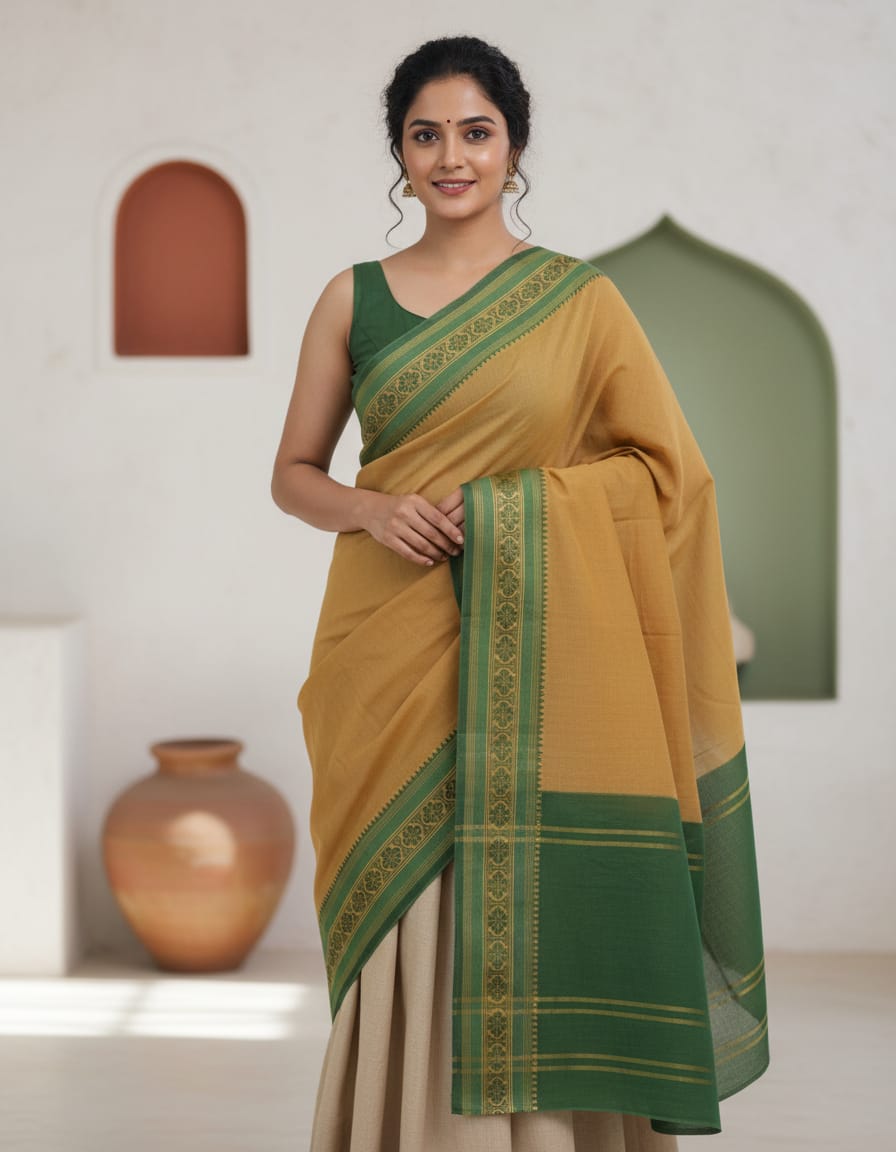 Biscuity Saree with Green Golden Border