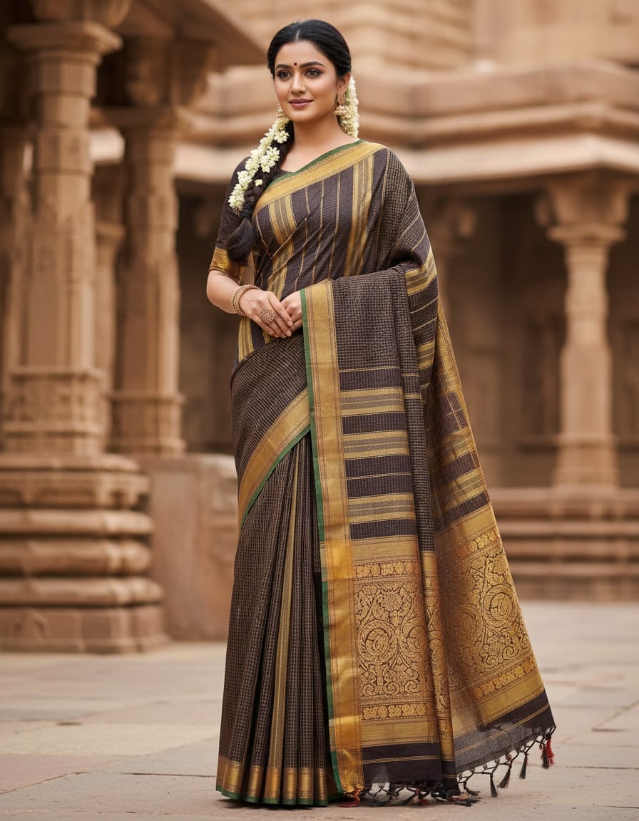 Coffee Brown Check Saree with Red & Golden Border