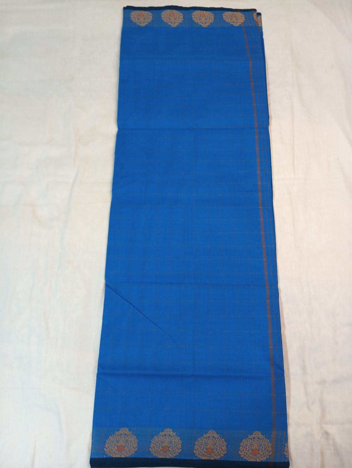 Ferozi Medium Check Saree with Navy Blue & Golden Fancy Border (With Blouse Piece)