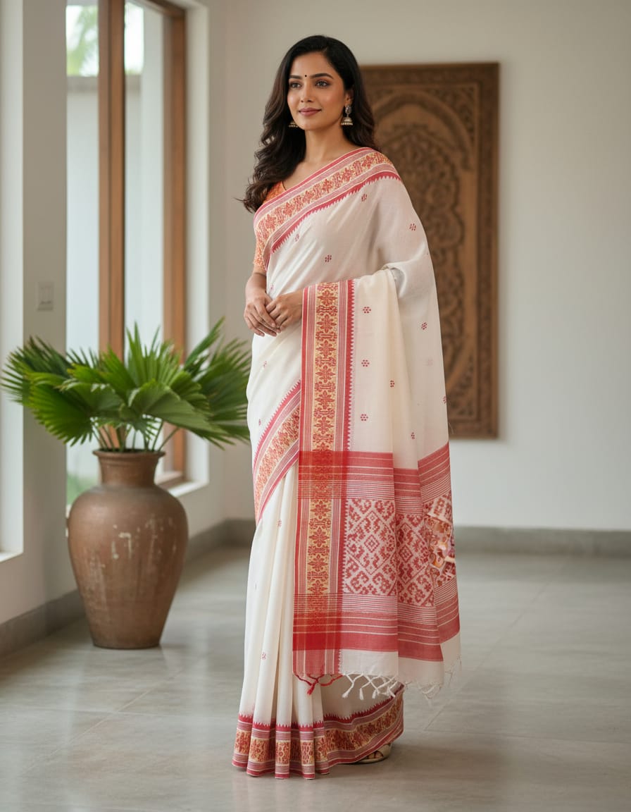White Handloom Saree with Red Buti and Red Border