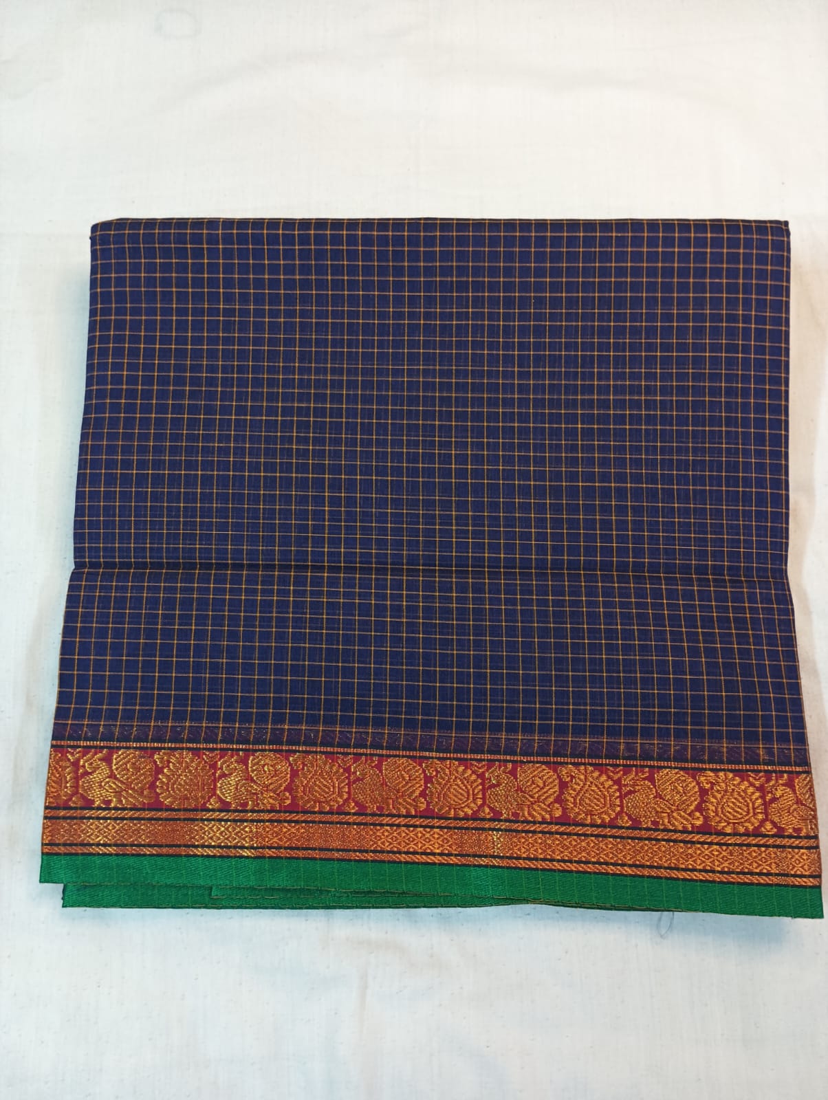 Purple Small Check Saree with Red & Golden Border (With Blouse Piece)
