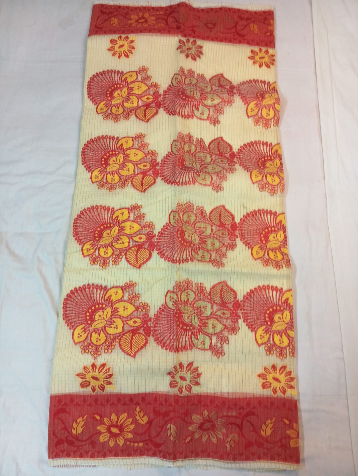 Cream Kota Check Saree with Maroon Fancy Buti, Red Border & Rich Pallu