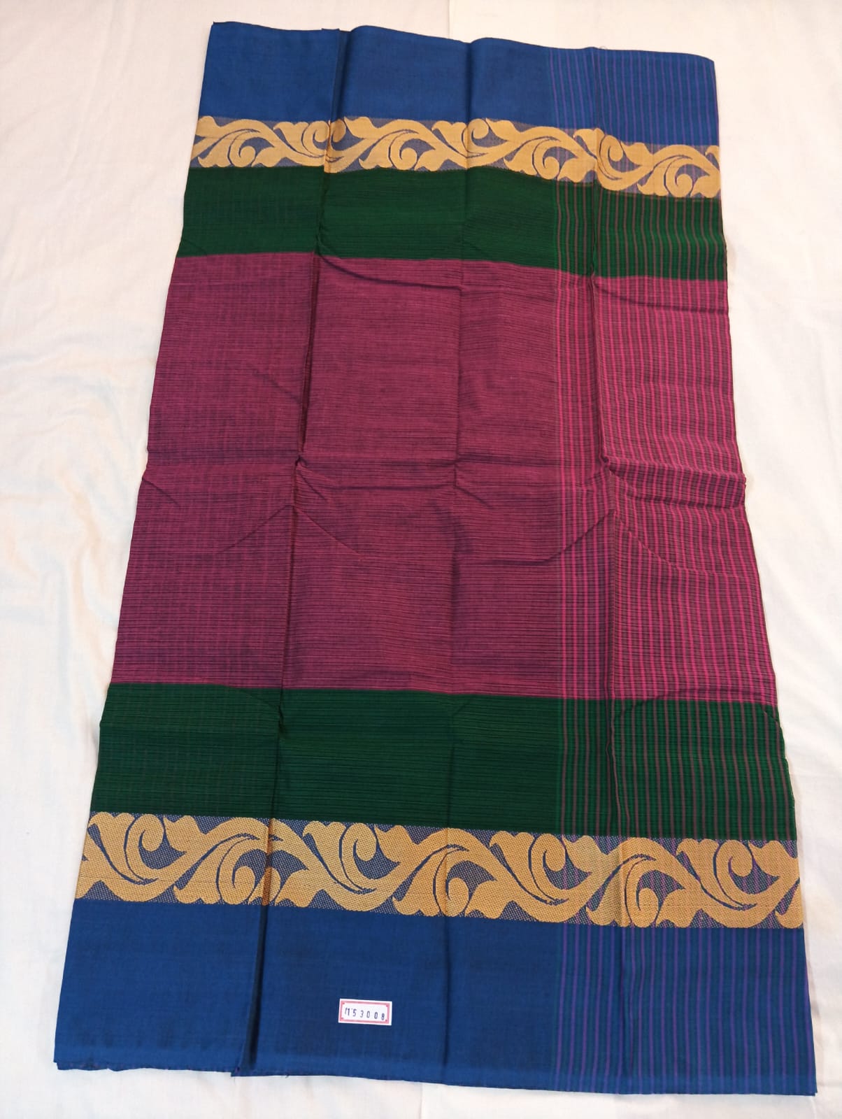 Magenta & Green Dual-Tone Striped Cotton Handloom Saree with Ferozi Designer Border