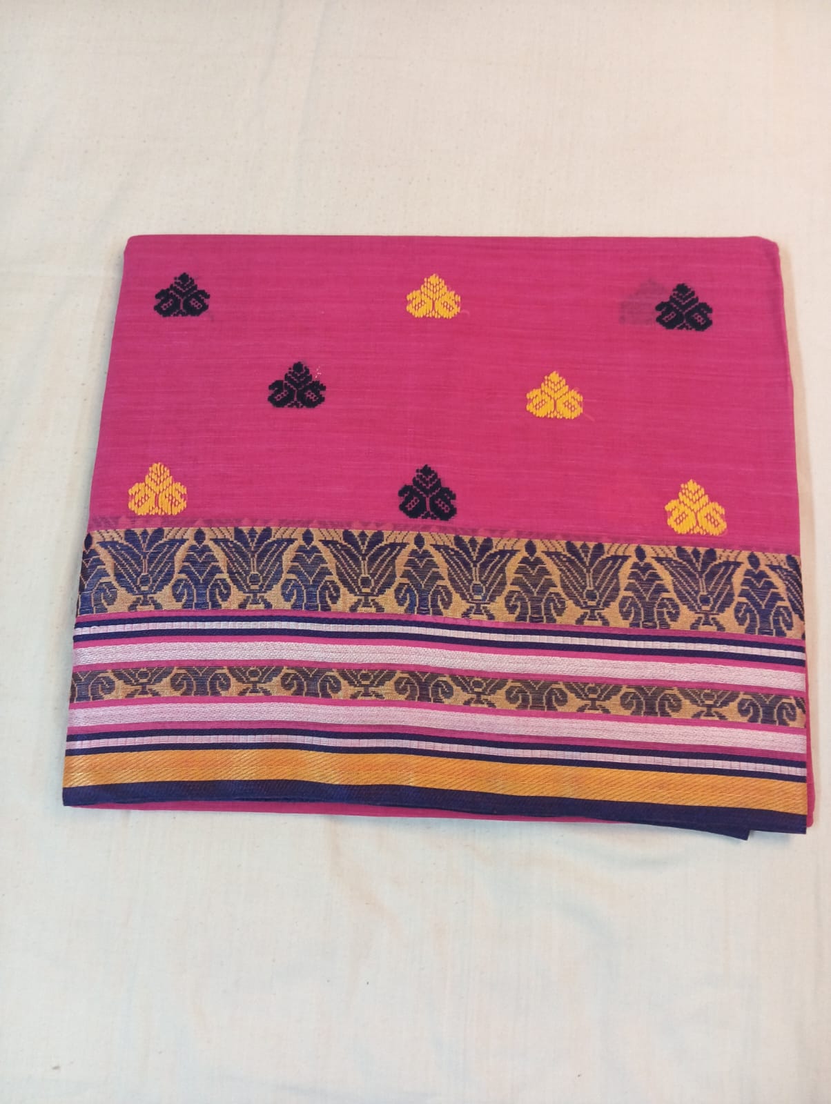 Pink Saree with Black & Yellow Buti and Fancy Zari Border