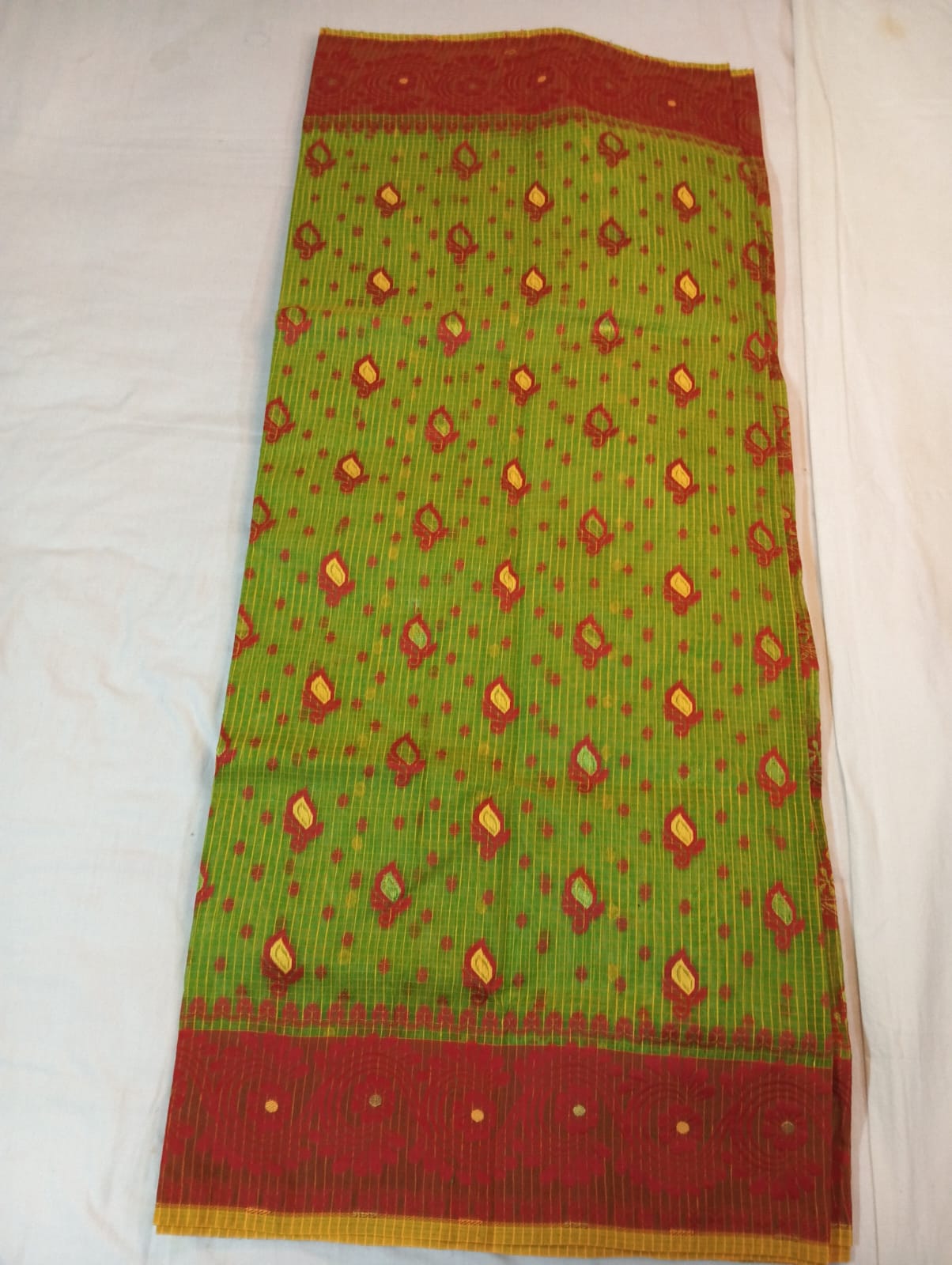 Parrot Green Kota Check Saree with Yellow & Maroon Buti, Maroon Border & Rich Pallu