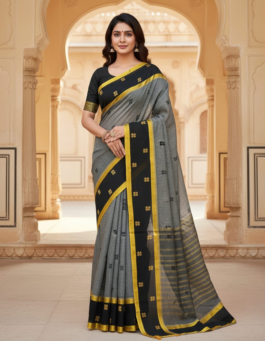 Grey Handloom Buti Saree with Golden Strip and Black Border with Golden Buti