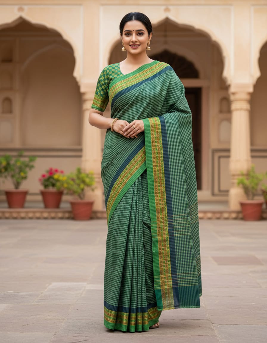 Small Green Check Saree with Zari Border