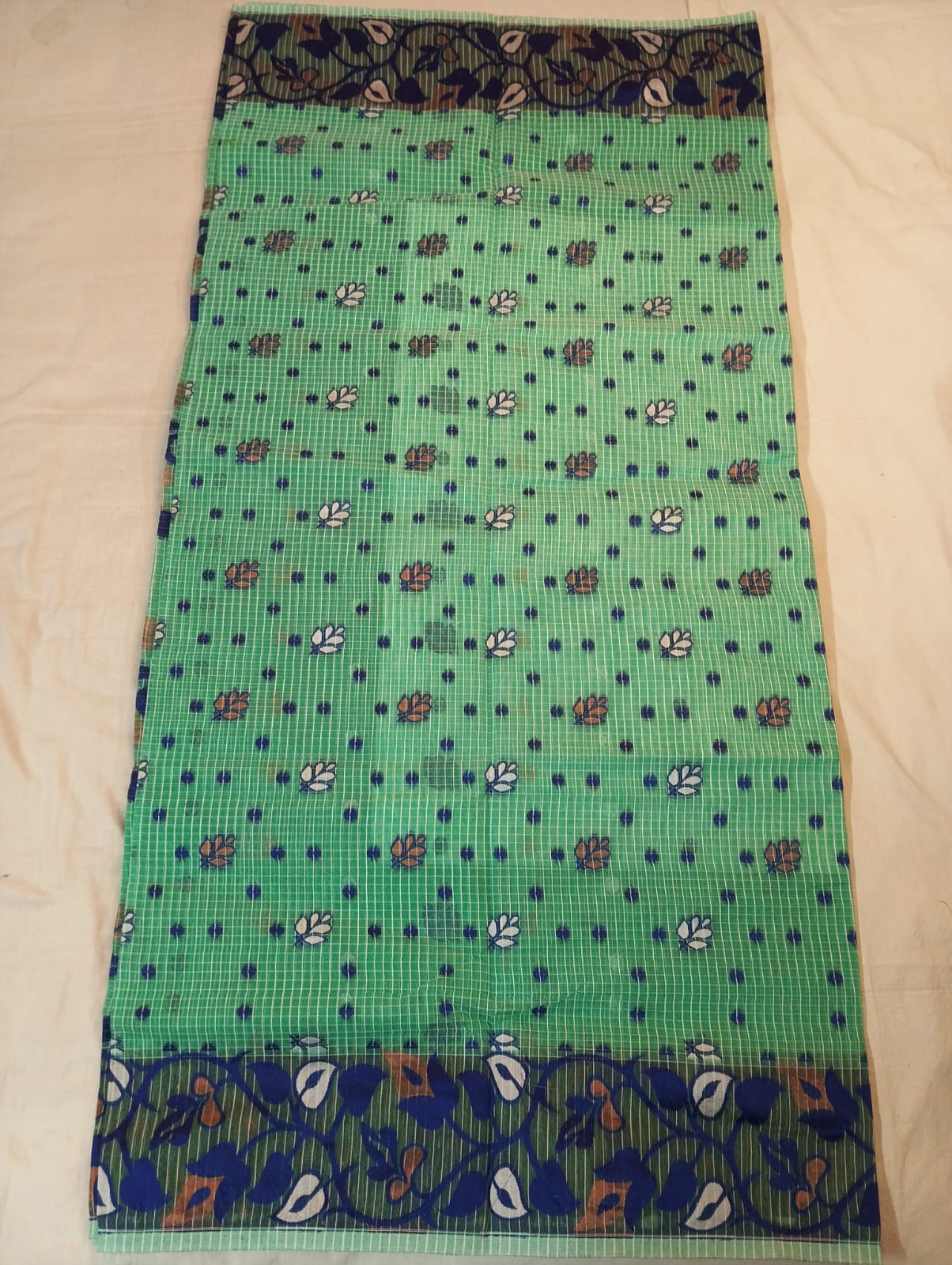 Light Sea Green Kota Check Saree with Fancy Buti, Blue Fancy Border & Rich Pallu