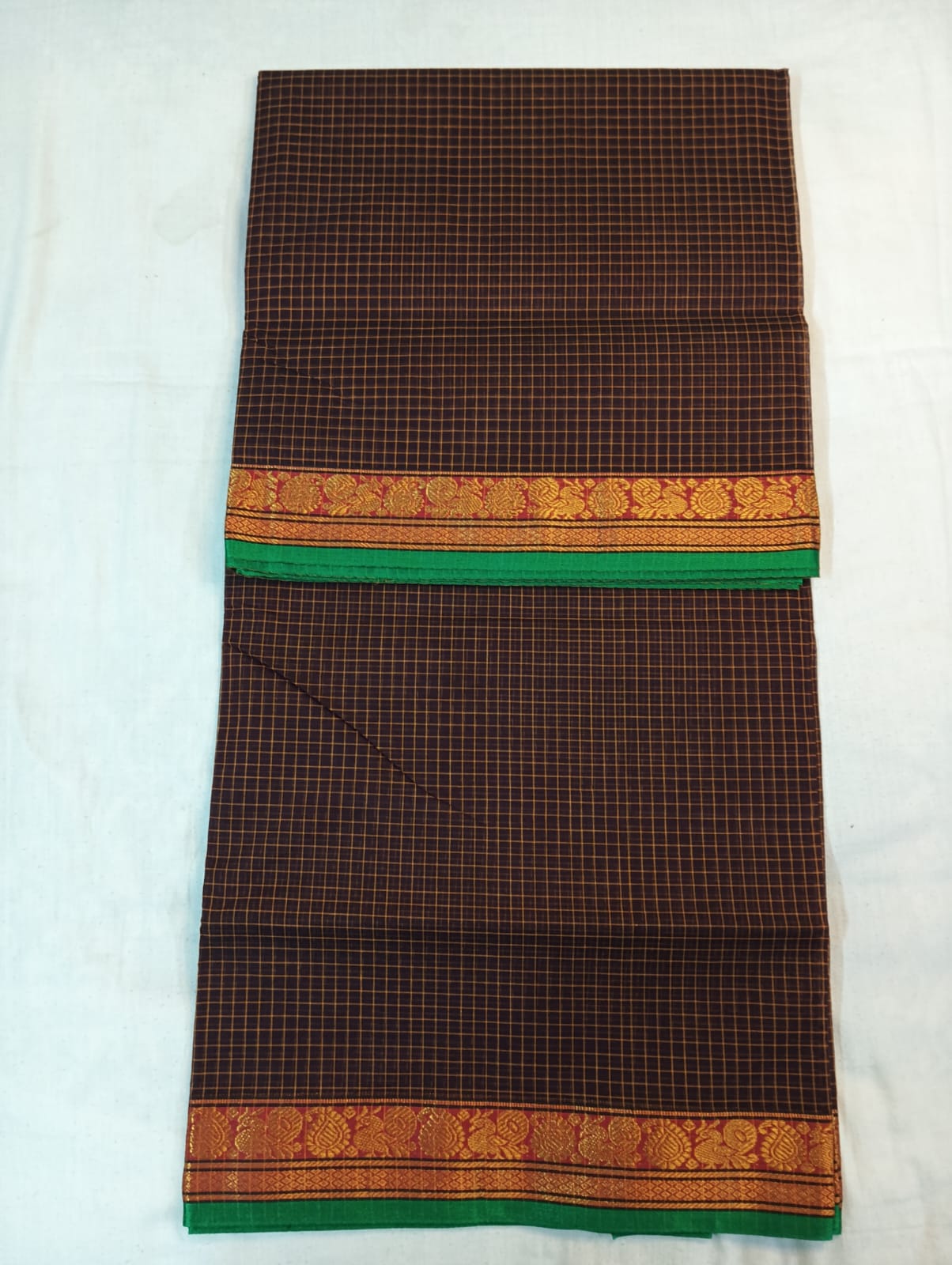 Dark Violet Check Saree with Golden Border (With Blouse Piece)