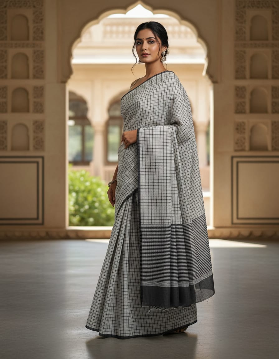 White Saree with Black Checks & Black Border