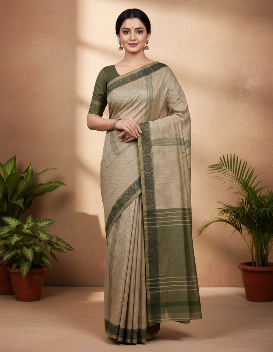 Light Biscuity Small Check Saree with Green Thread Border (With Blouse Piece)