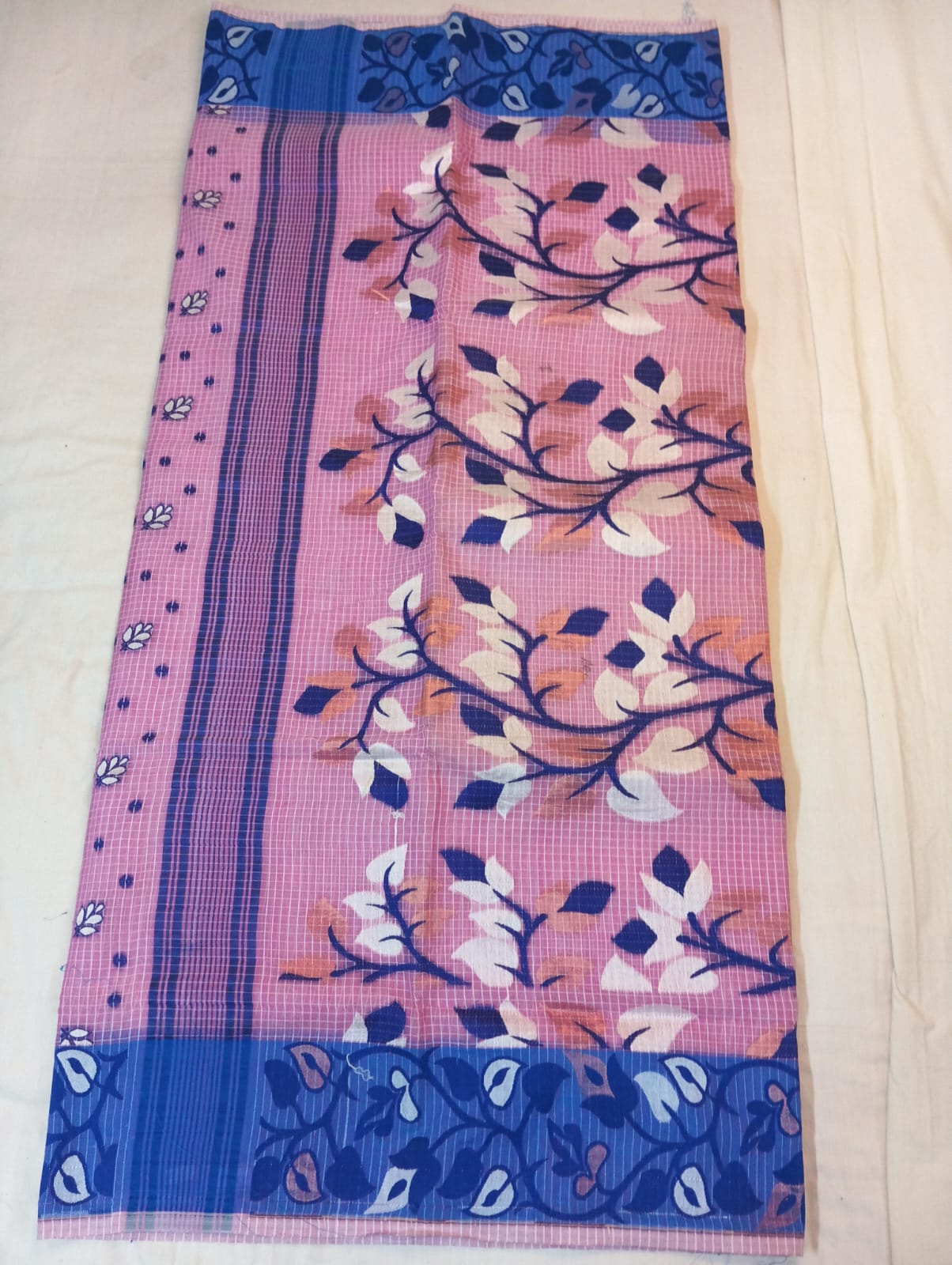 Light Baby Pink Kota Check Saree with Fancy Buti, Royal Blue Border & Rich Pallu