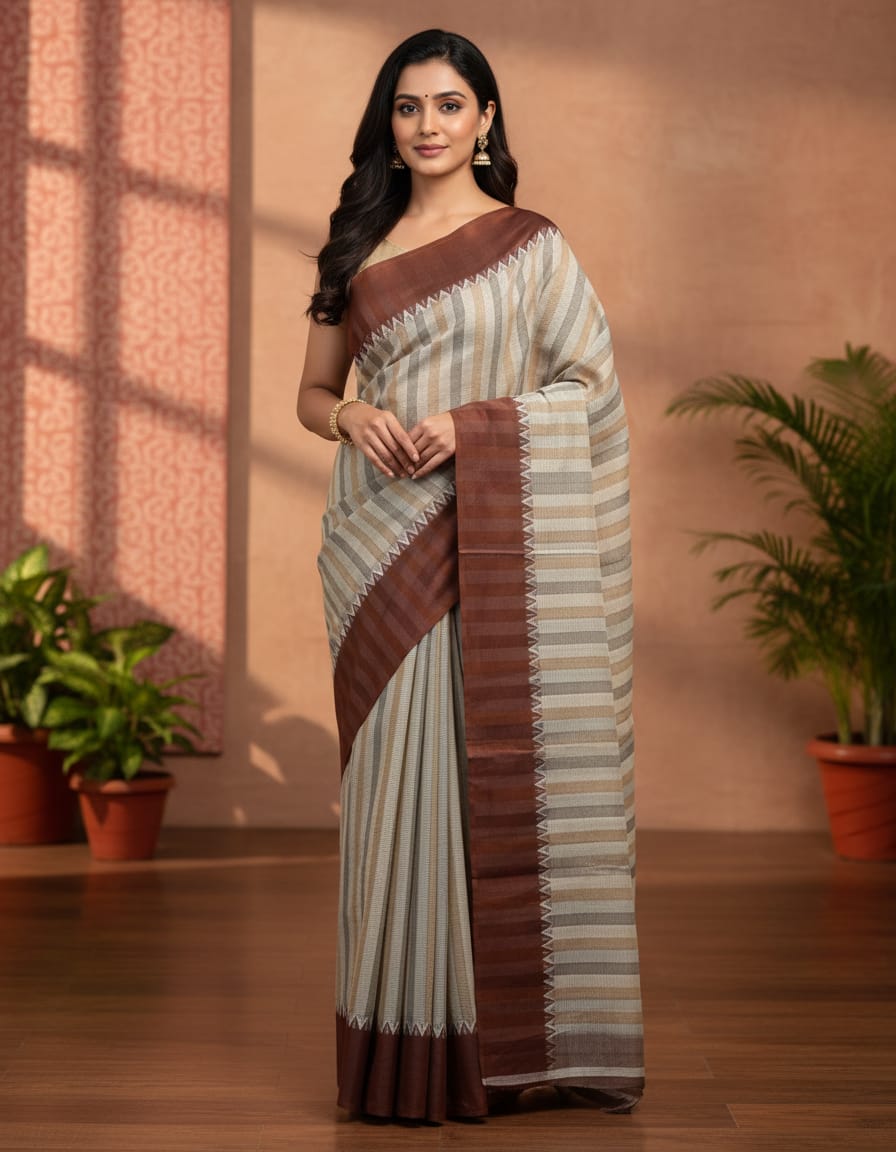 Grey & Biscuity Double-Coloured Striped Cotton Handloom Saree with Coffee Border