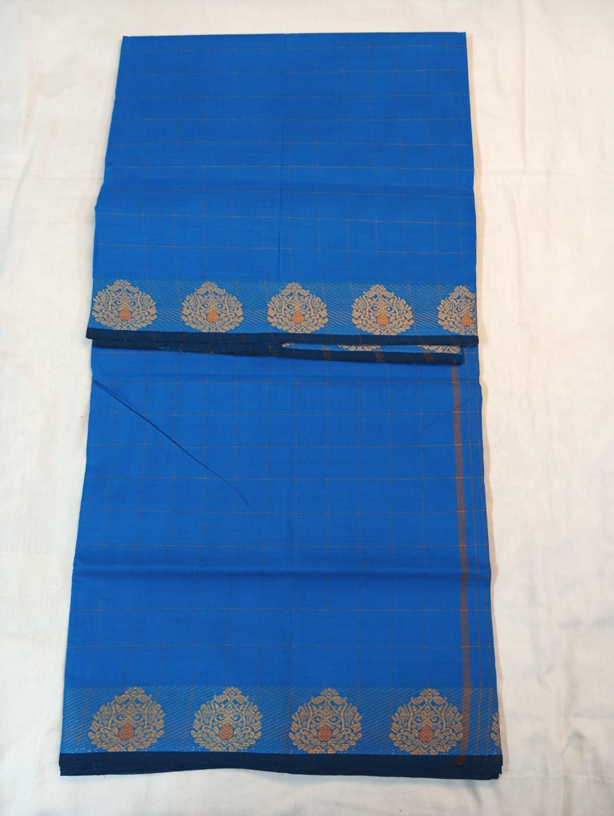 Ferozi Medium Check Saree with Navy Blue & Golden Fancy Border (With Blouse Piece)