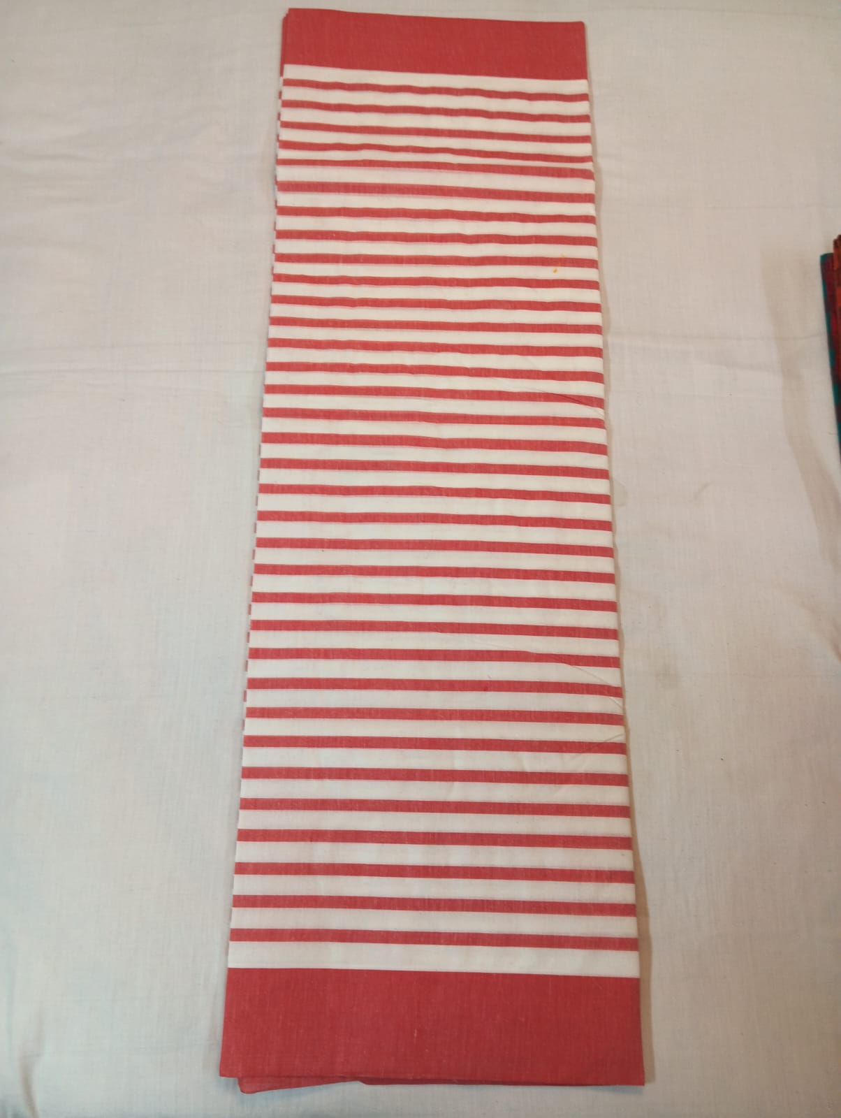 Elegant Red & White Striped Cotton Saree with Red Border