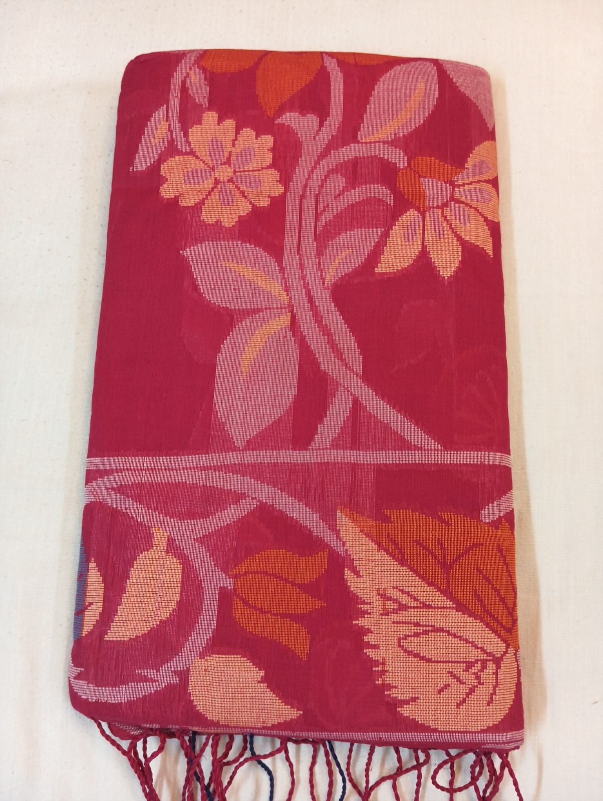 Dark Pink Bonolota Cotton Saree with Purple Fancy Border & Rich Pallu