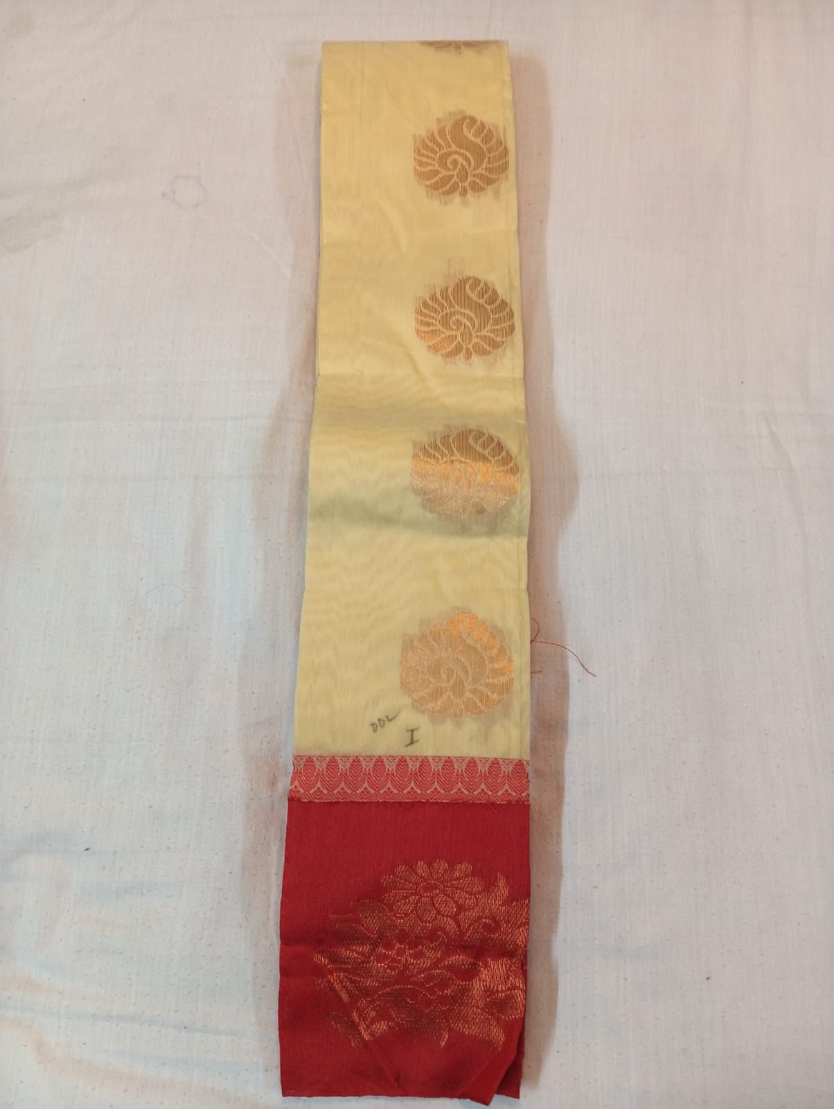 Cream Handloom Saree with Golden Buti and Red Border