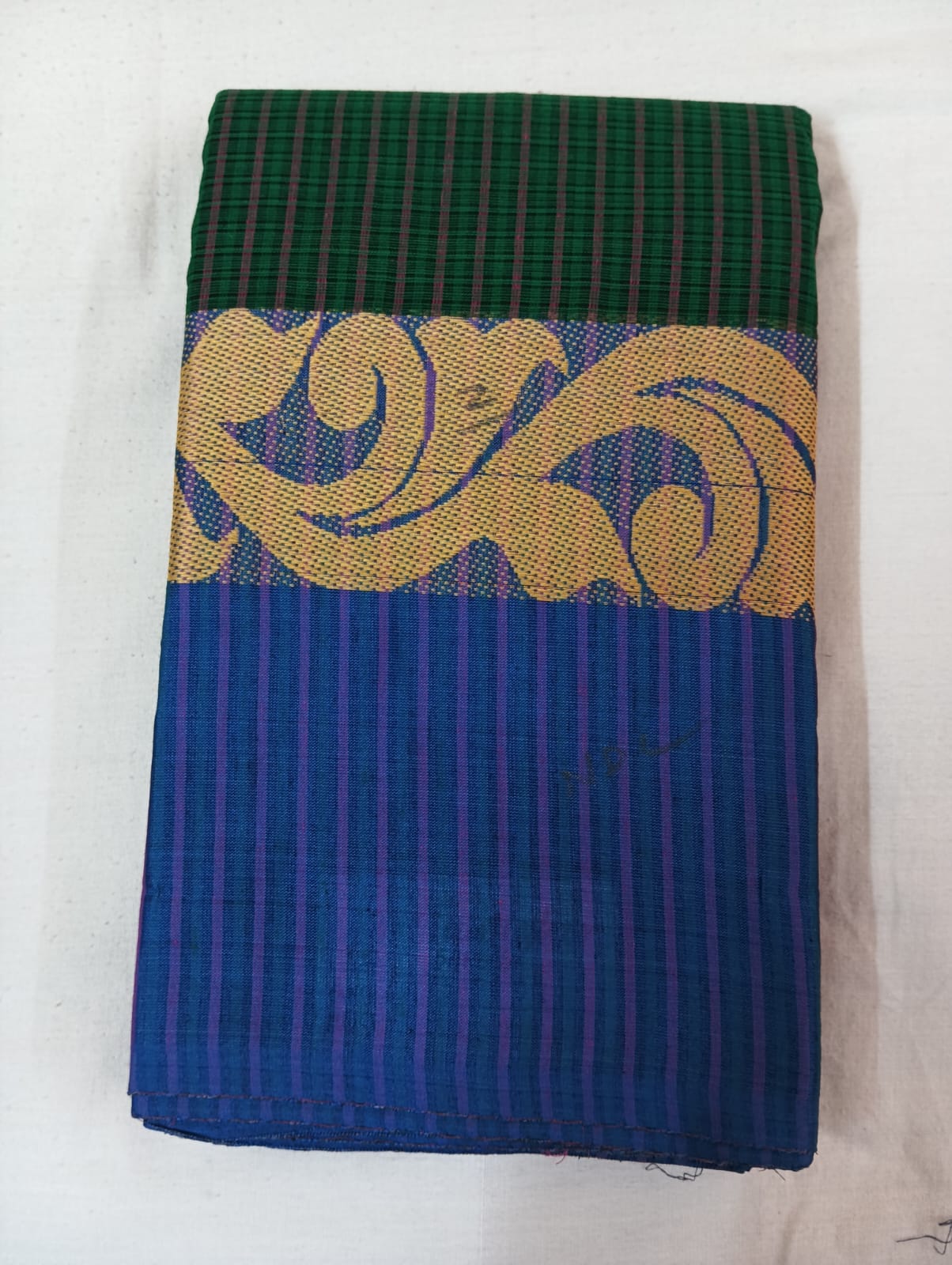 Magenta & Green Dual-Tone Striped Cotton Handloom Saree with Ferozi Designer Border