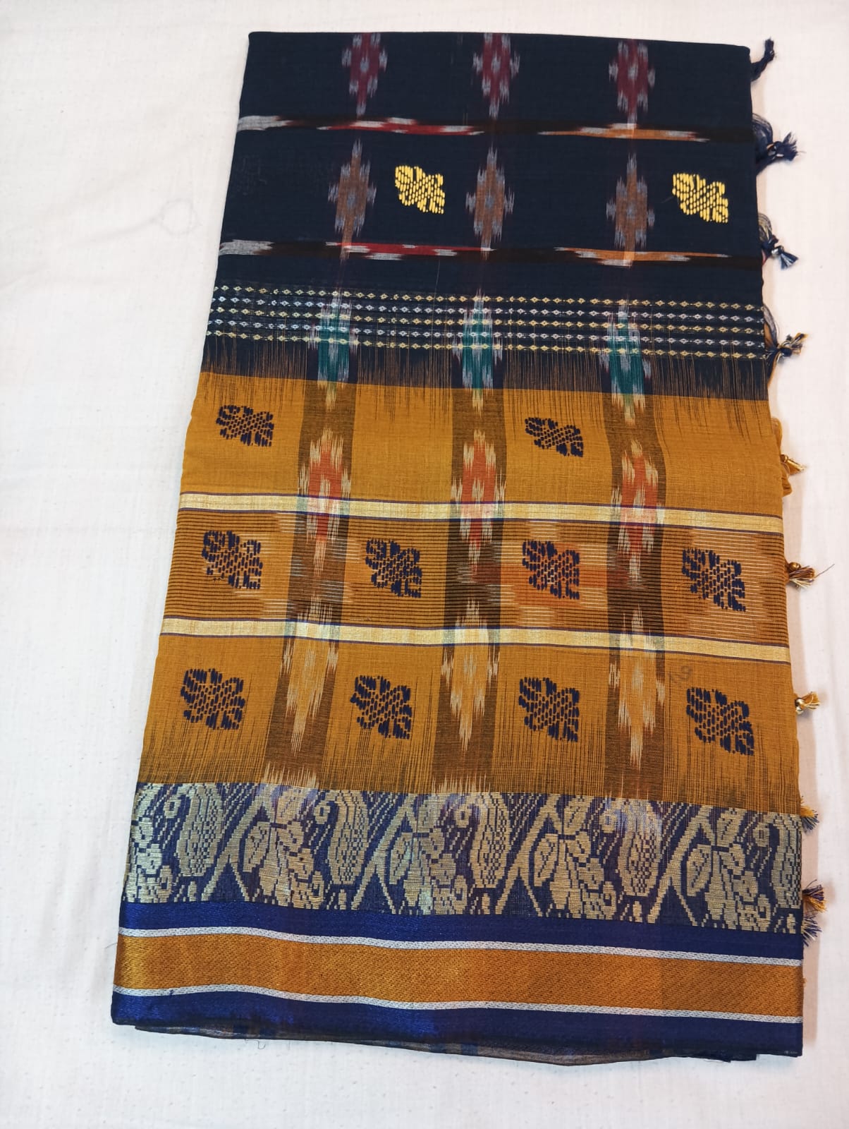 Mustard & Navy Blue Handloom Kotki Saree with Golden Border and Navy Blue & Golden Buti