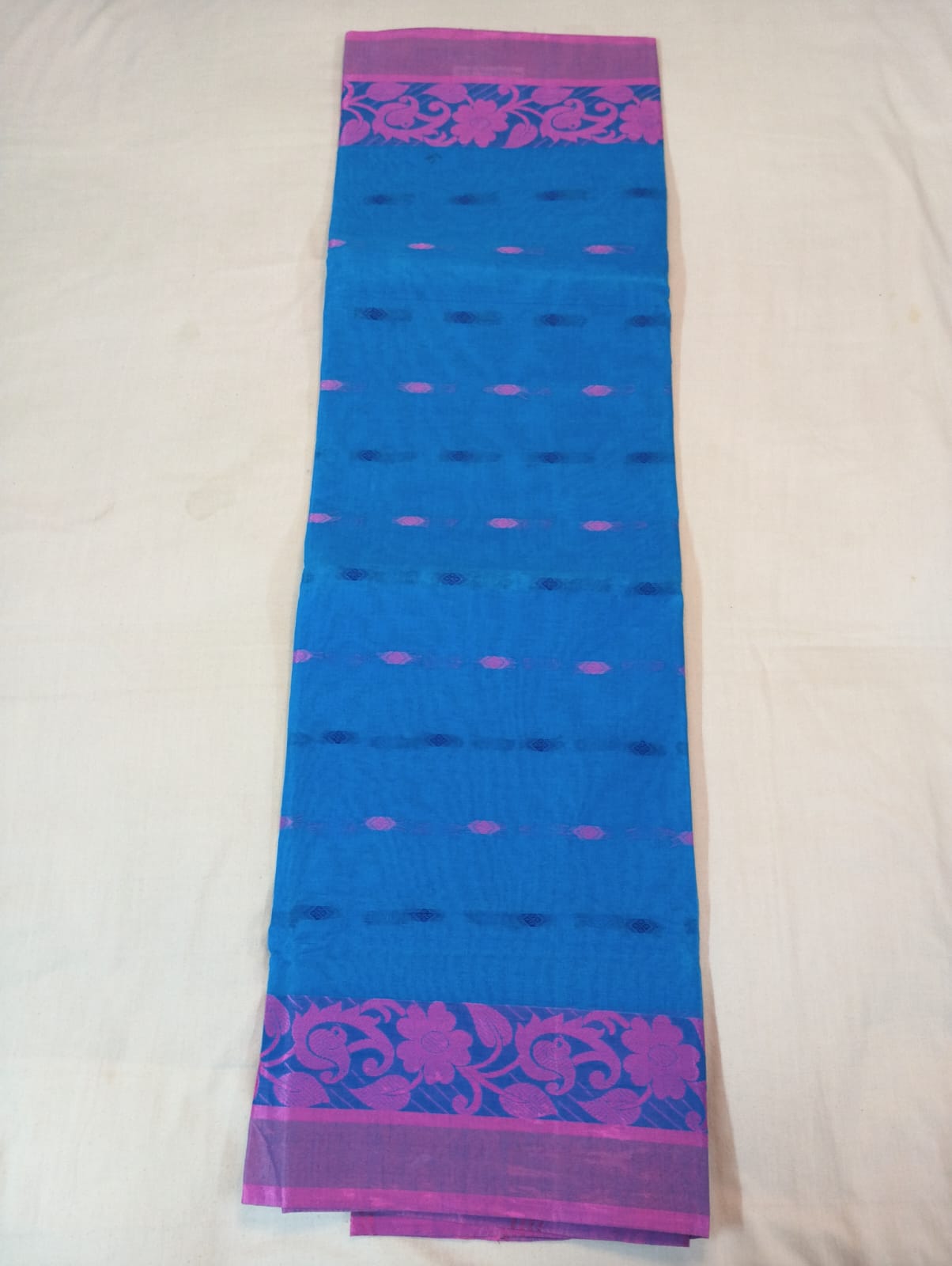 Ferozi Handloom Saree with Pink Border and Woven Buti