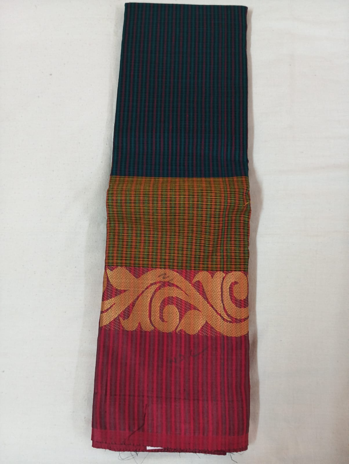 Royal Blue & Light Green Dual-Tone Striped Cotton Handloom Saree with Designer Magenta Border