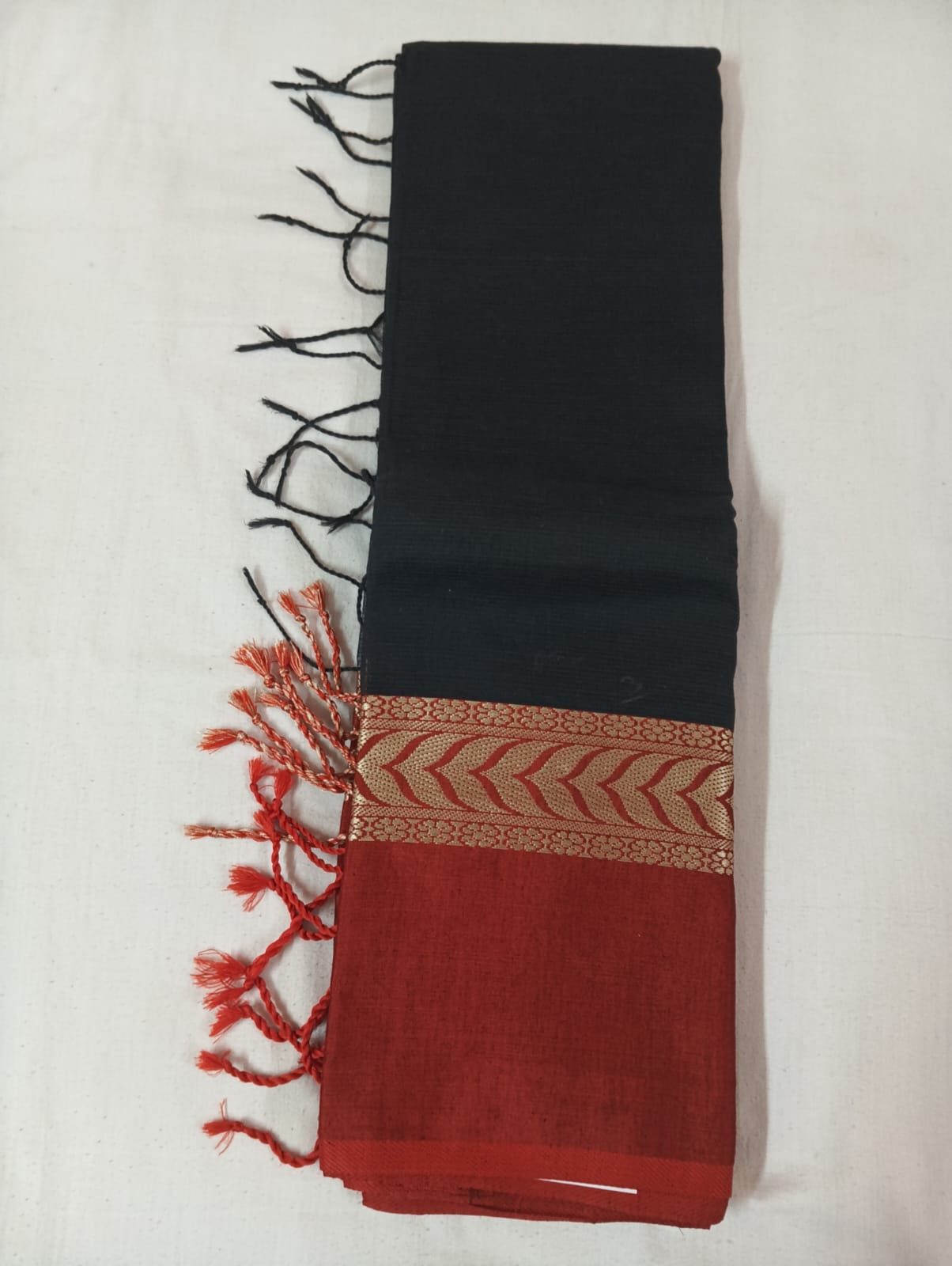 Black Saree with Golden Red Border