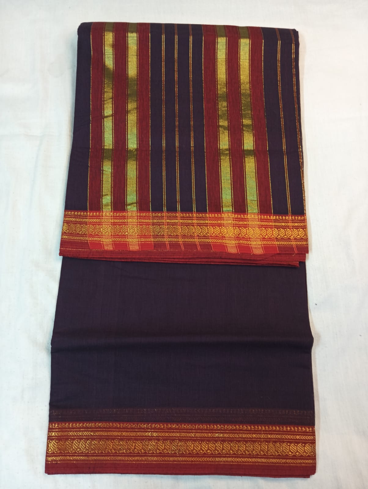 Dark Violet Saree with Red Border & Golden Striped Anchal