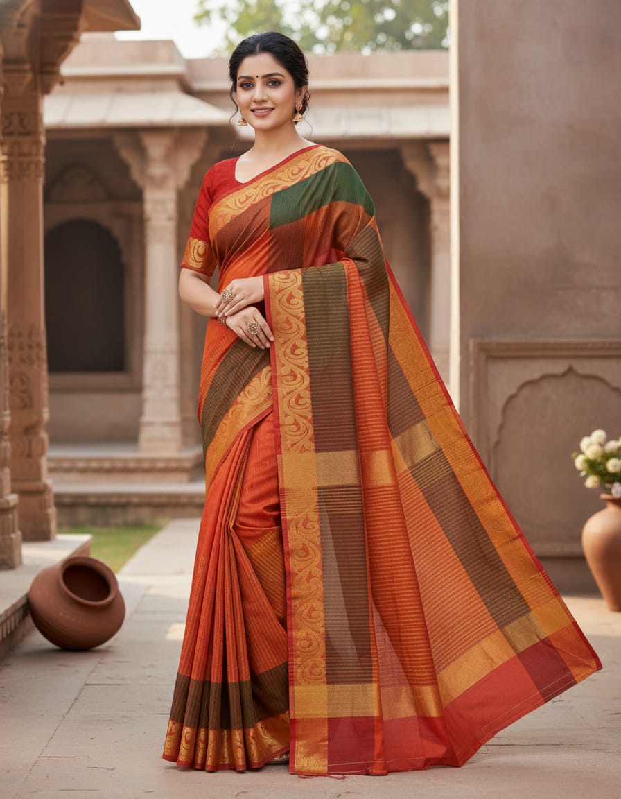 Orange & Green Dual Tone Based Cotton Handloom Striped Saree with Red Designer Border