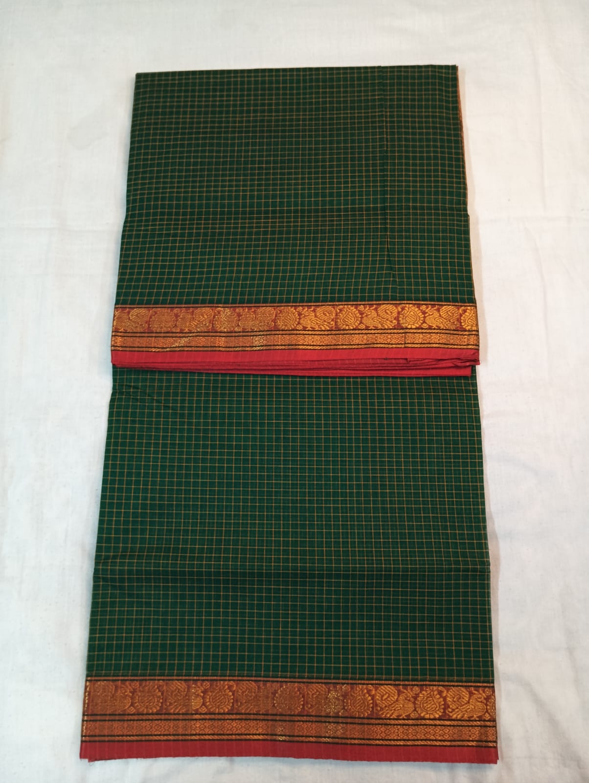 Mehendi Green Check Saree with Red & Golden Border (With Blouse Piece)