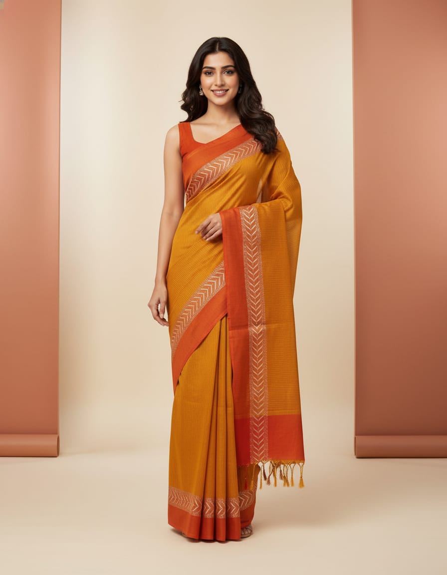Mustard Plain Saree with Orange & Golden Border