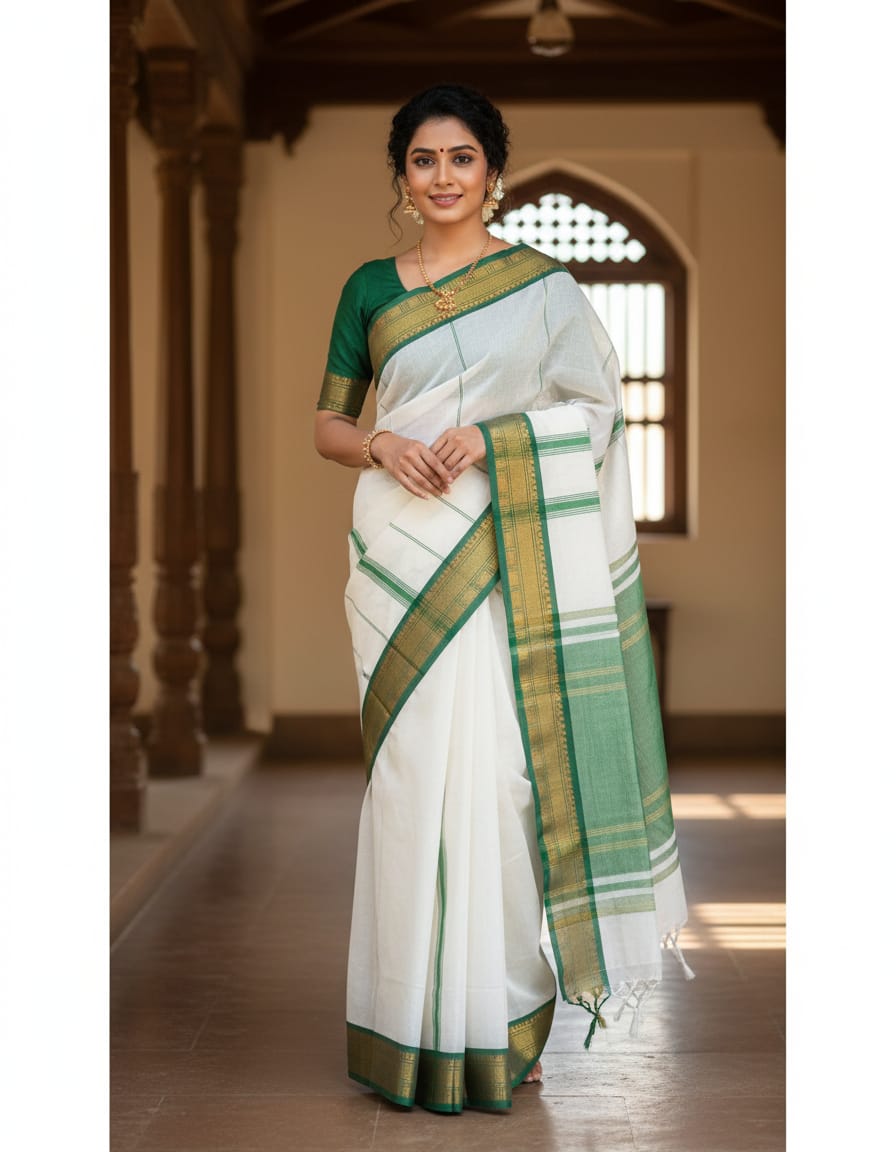 Elegant White Saree with Green & Golden Border (With Blouse Piece)