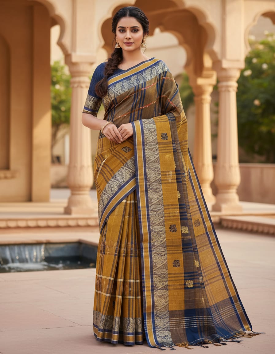 Mustard & Navy Blue Handloom Kotki Saree with Golden Border and Navy Blue & Golden Buti