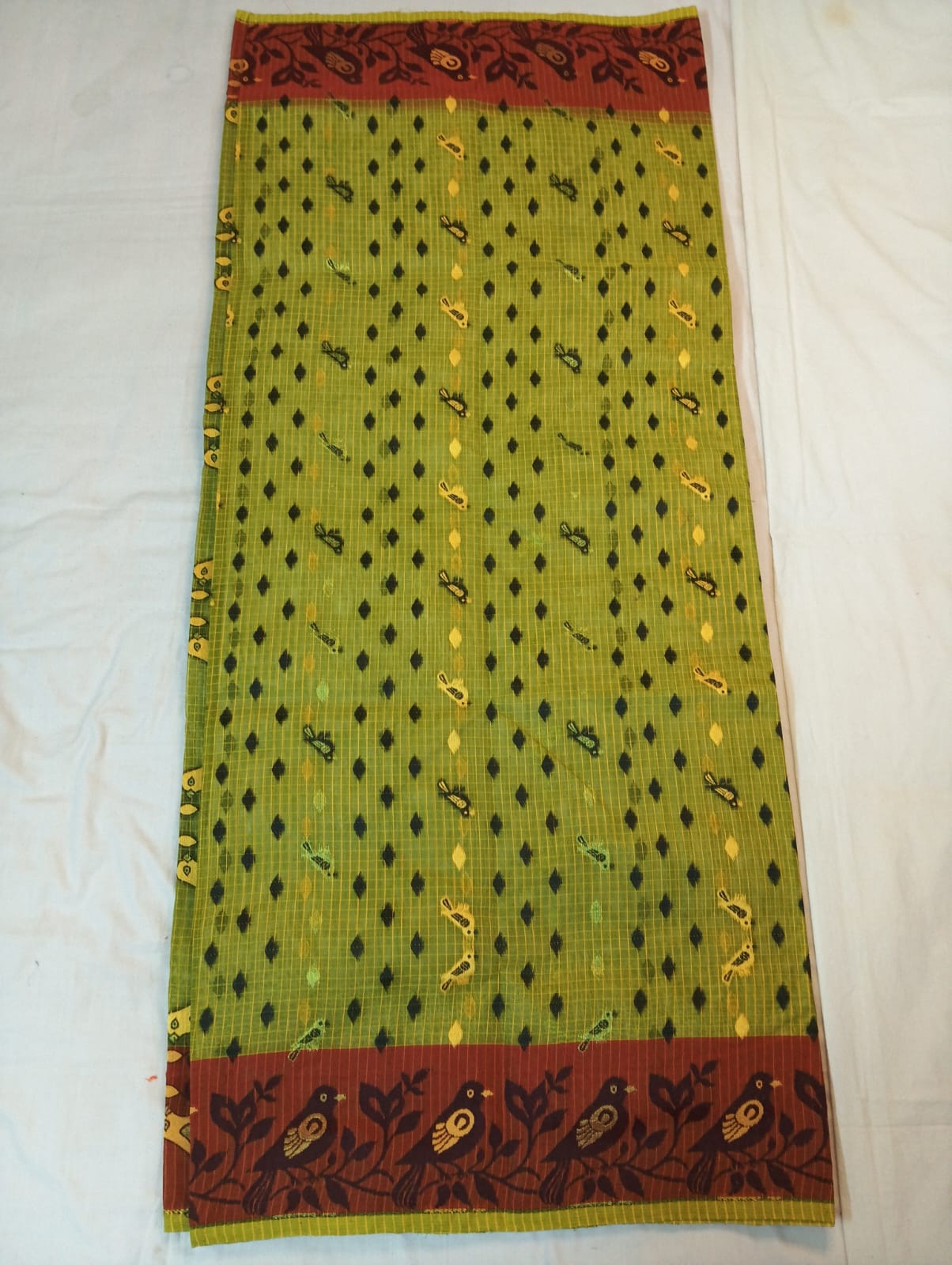 Light Mehendi Kota Check Saree with Fancy Buti, Maroon Border & Rich Pallu