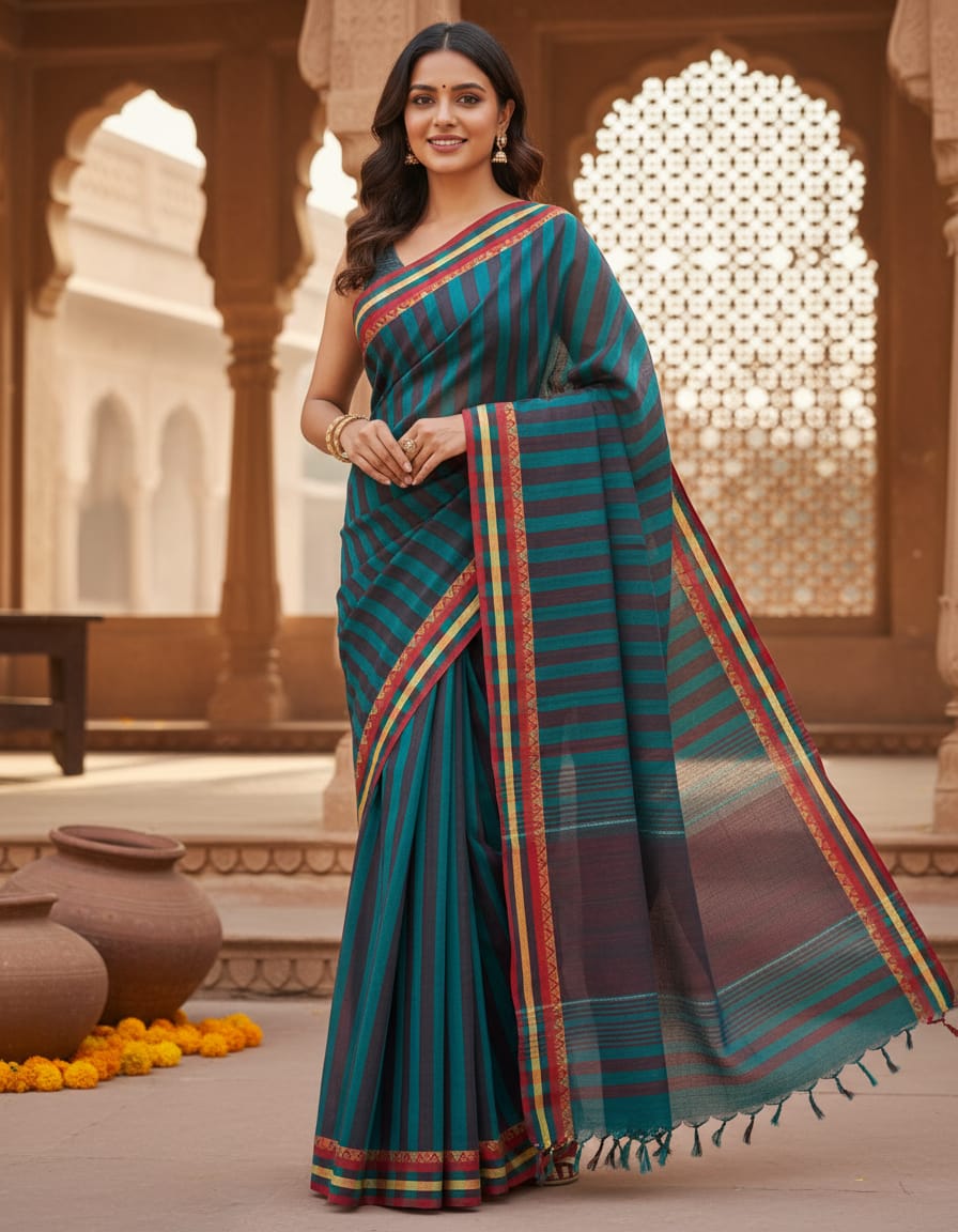 Turkish Green Striped Saree with Red & Golden Border