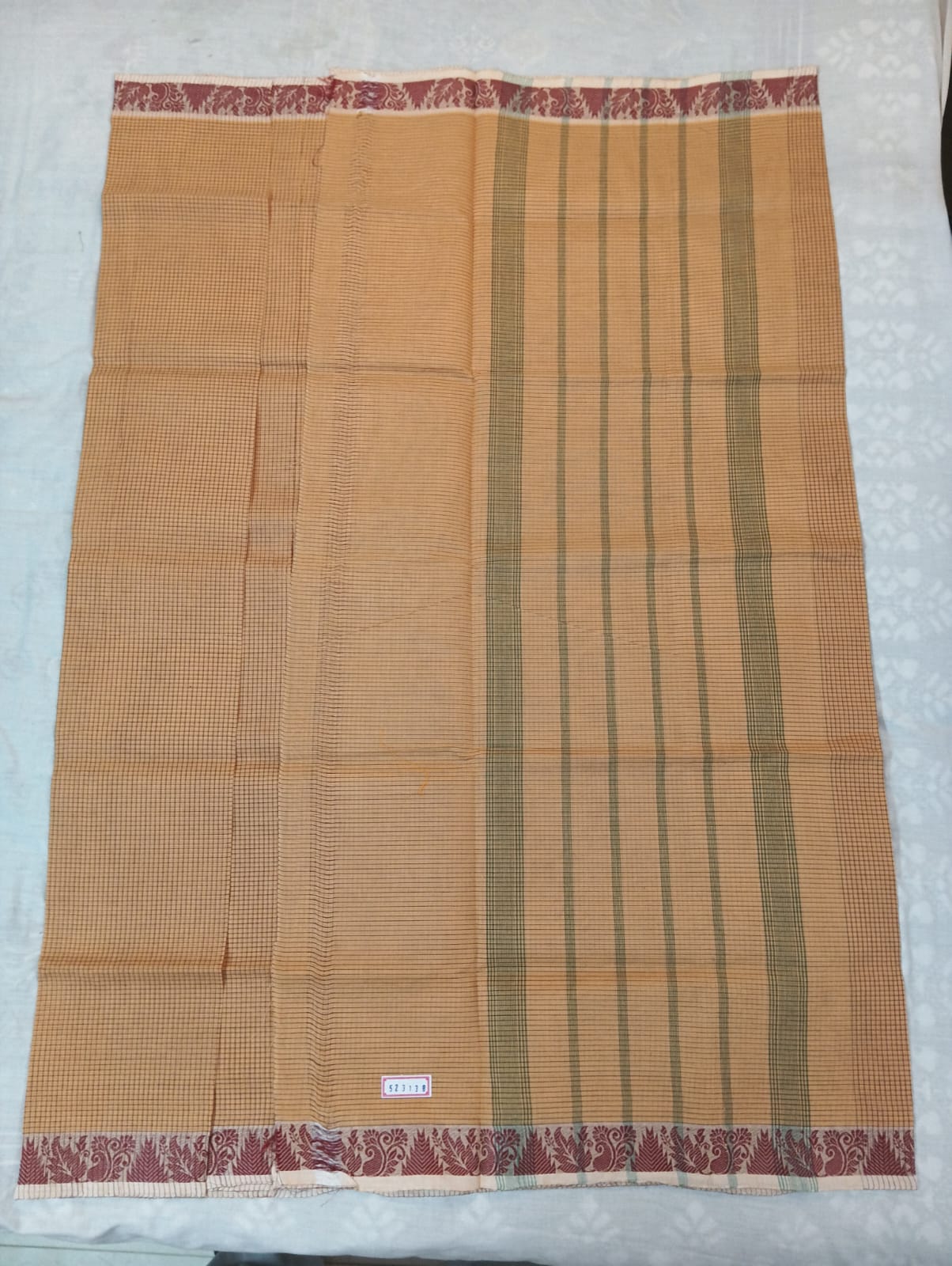 Biscuity Small Check Saree with Fancy Maroon Thread Border (With Blouse Piece)