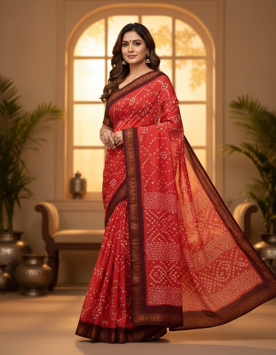 Bandhej Gajri Handloom Saree with Traditional Tie-Dye Pattern