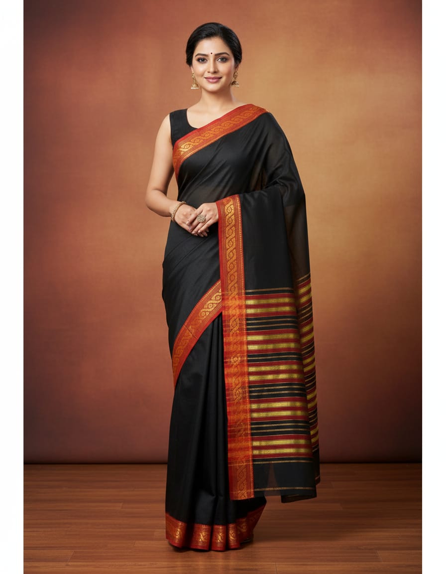 Elegant Black Saree with Red Border & Golden Striped Anchal