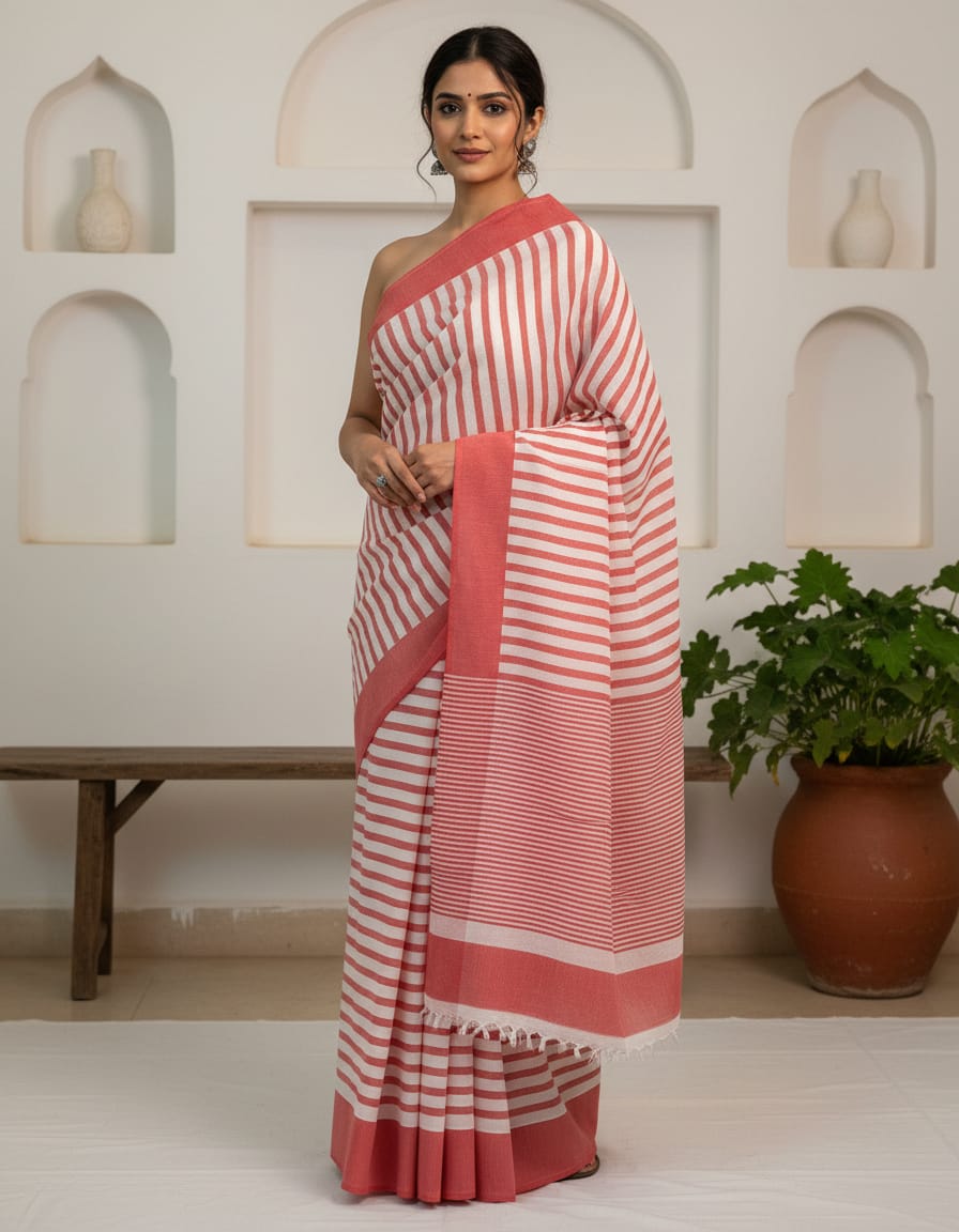 Elegant Red & White Striped Cotton Saree with Red Border