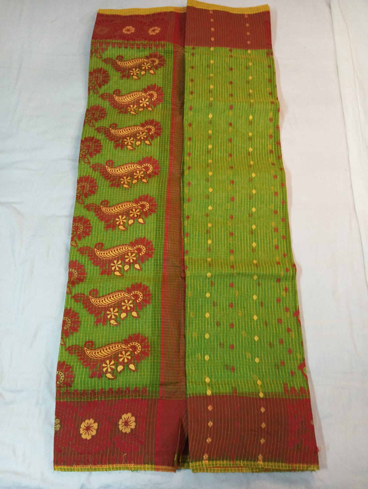 Parrot Green Kota Check Saree with Yellow & Maroon Buti, Maroon Border & Rich Pallu