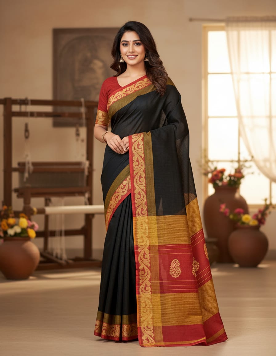 Black & Light Yellow based Cotton Handloom Striped Saree with Red Designer Border