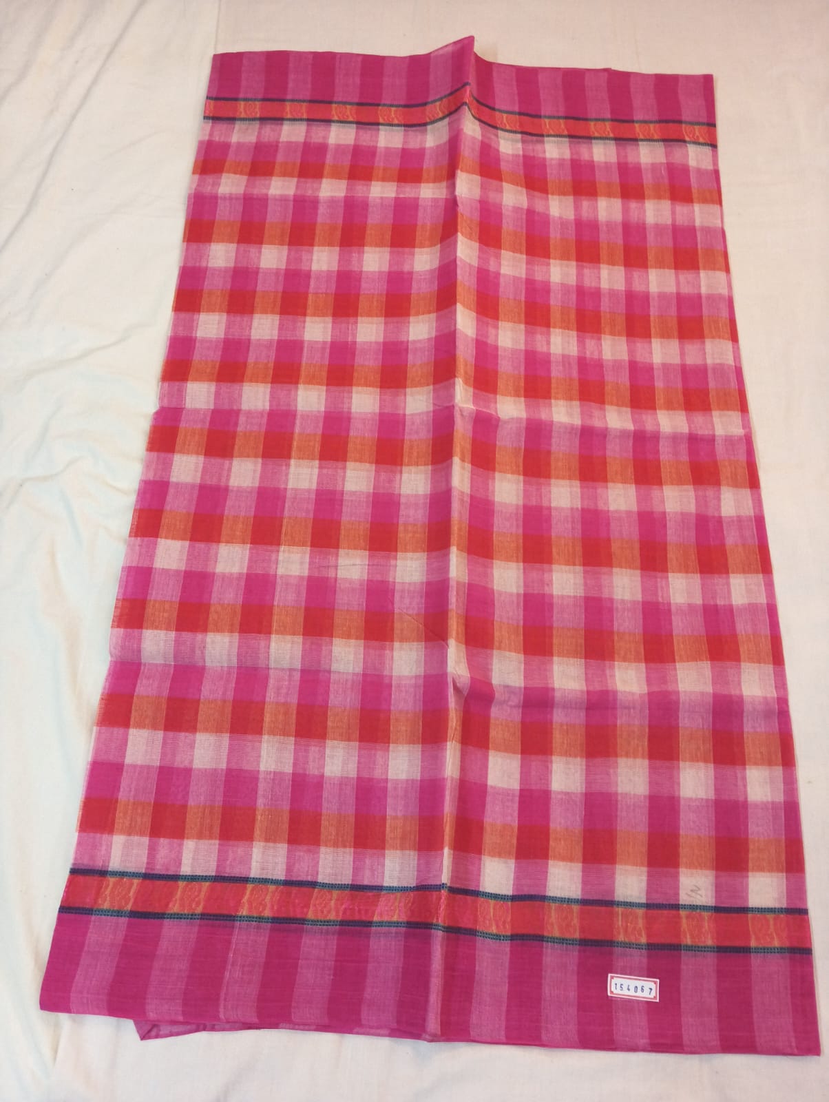 Pink & White Double Color Check Saree with Pink Border