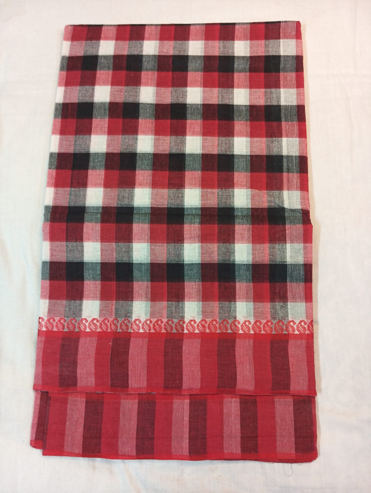 Double Color Black & Red Medium Check Saree with Red Border