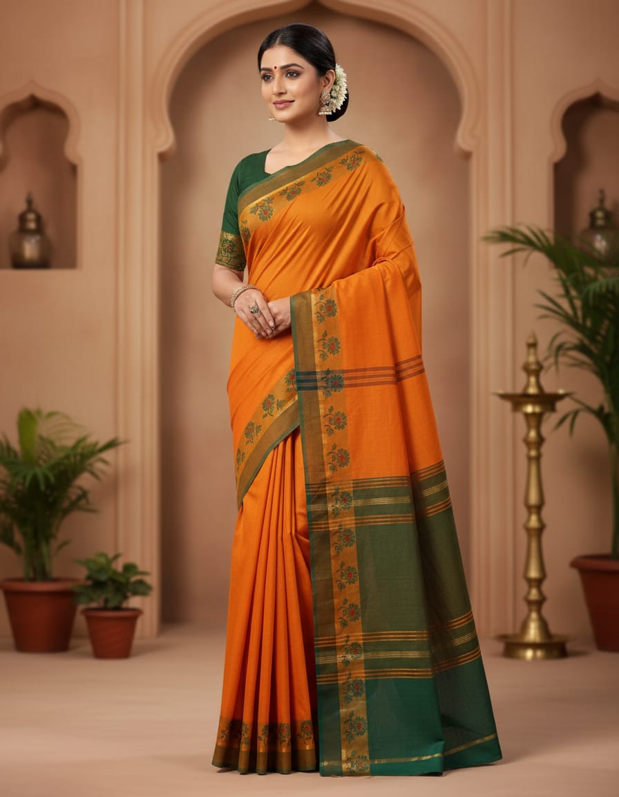 Plain Orange Saree with Green Fancy Border (With Blouse Piece)